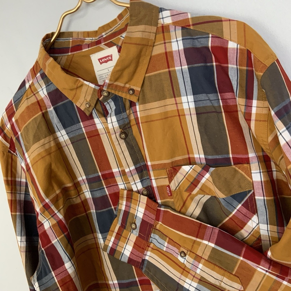 Levi's Sz Large Gold Rust Plaid Long Sleeve Button Down Shirt Cotton Blend